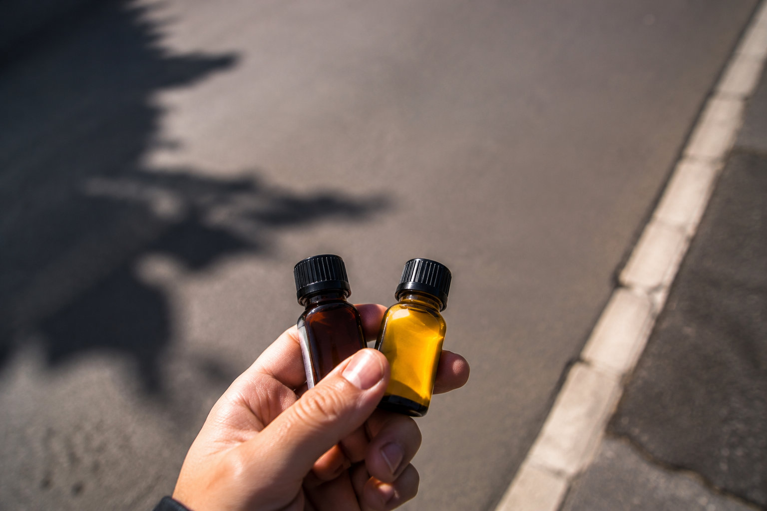 Une main tenant deux petites bouteilles de poppers en verre, une sombre et une claire, sur un fond de bitume gris.