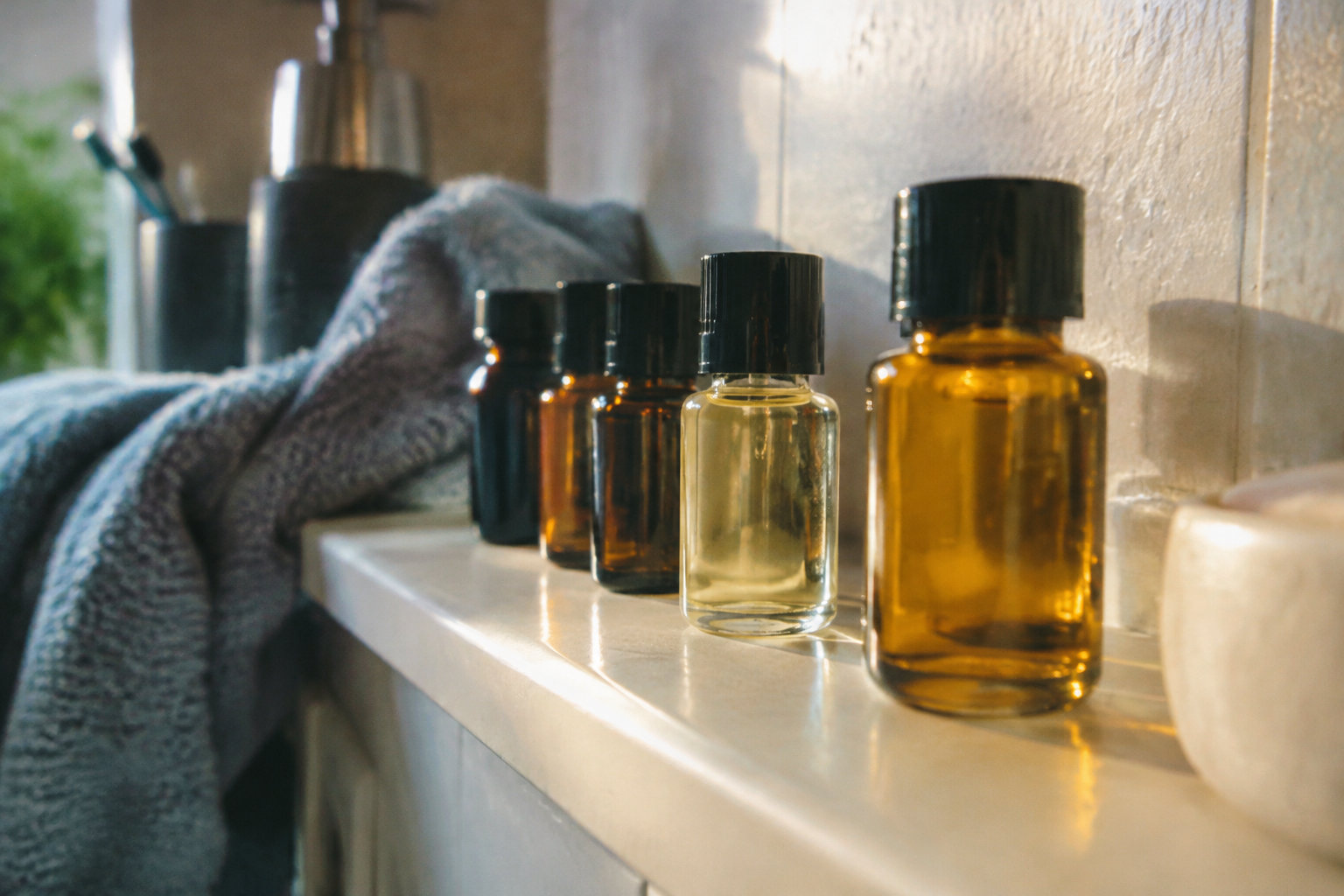 Plusieurs petits flacons en verre ambré de poppers alignés sur un rebord de salle de bain.